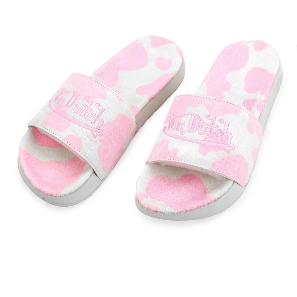 NEW MEN VON DUTCH PINK & WHITE COW PRINT PONY HAIR SLIDES